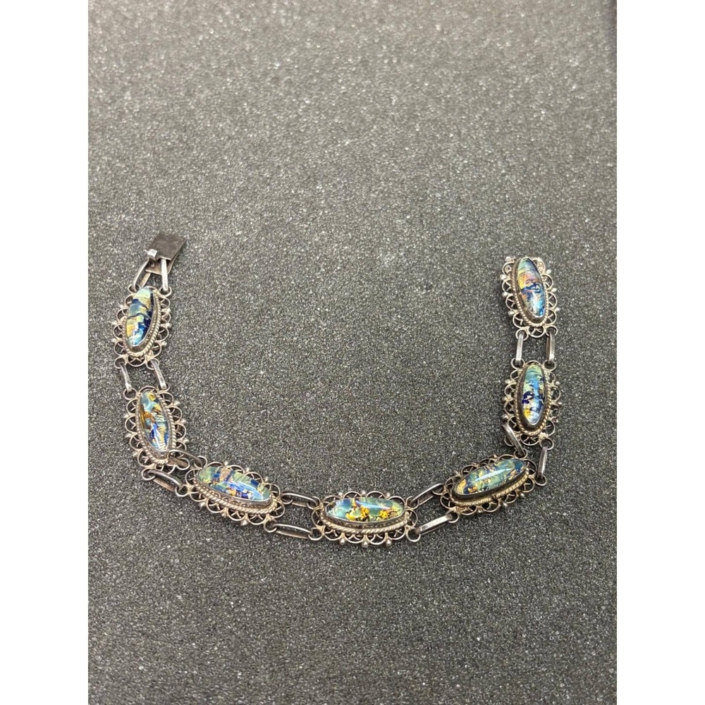 Vintage Mexico 925 Sterling Silver Foil Opal Glass Link Bracelet Filigree